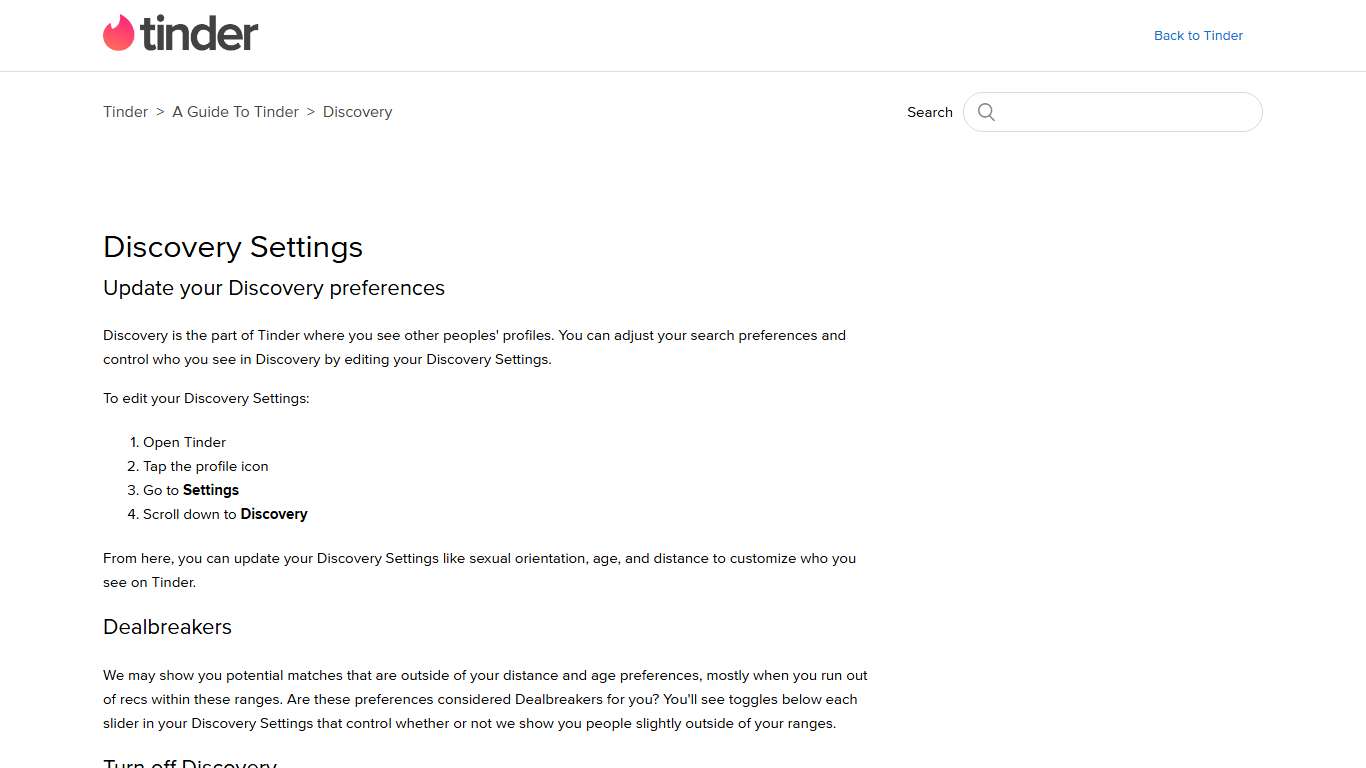 Discovery Settings – Tinder